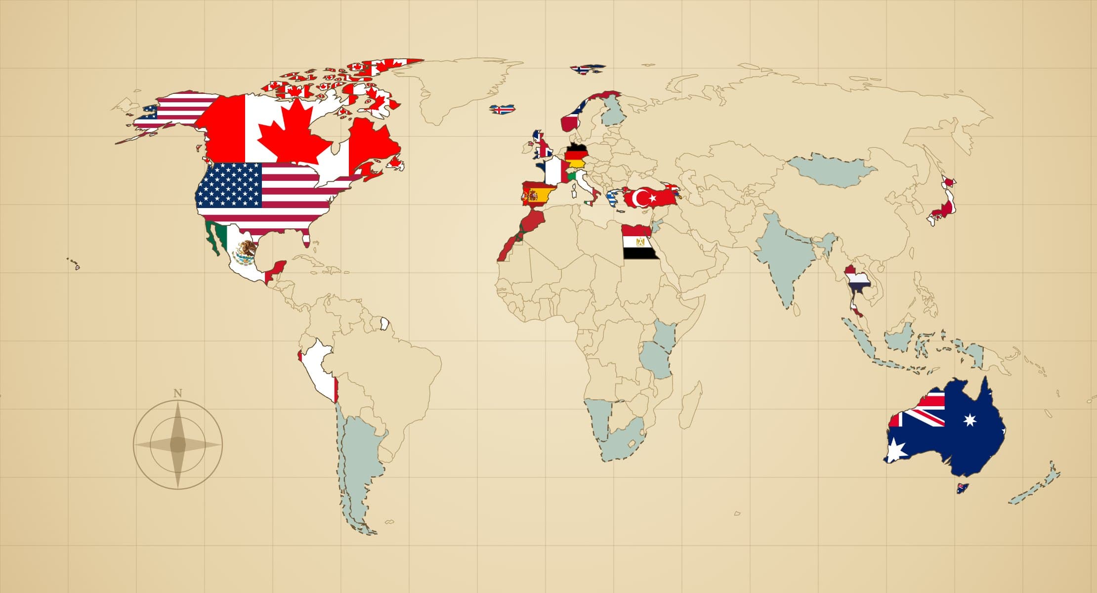 World map in the DreamList travel journal. Visited countries, including Canada, the United States, Mexico, Peru, Spain, France, Egypt, Japan and Australia, are filled with their national flags. Wish-list countries such as Argentina, Kenya and India have a dashed outline.